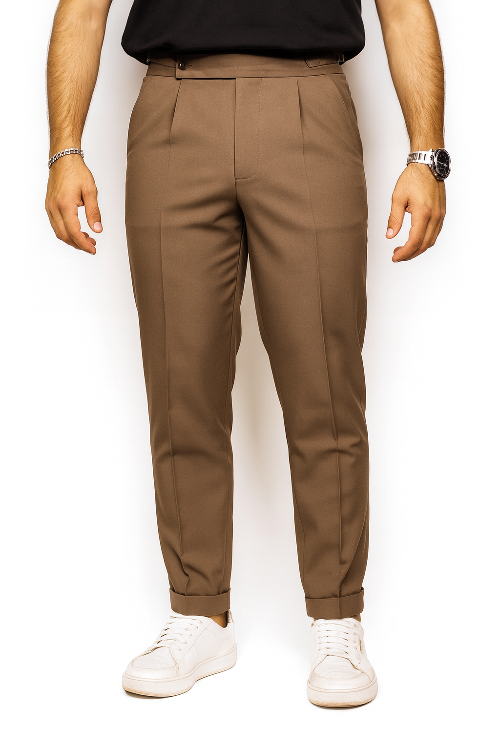 Pantalón Largo de Traje Ajustable Tiro Alto - Marrón