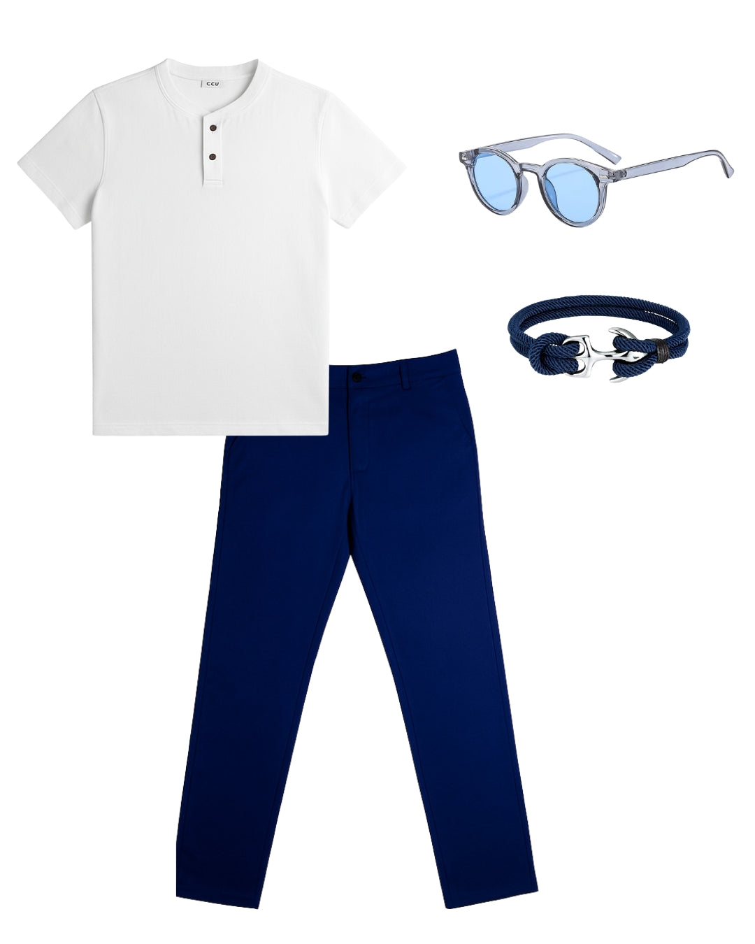 Camiseta Cuello V & Pantalón Básico & Lentes Clásicos & Pulsera Ancla