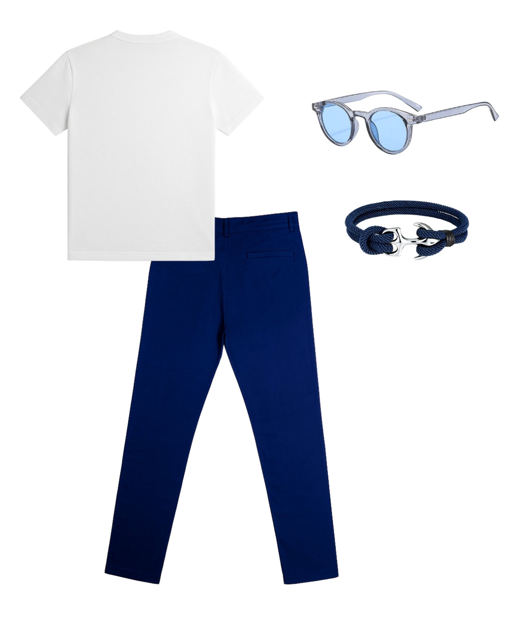 Camiseta Cuello V & Pantalón Básico & Lentes Clásicos & Pulsera Ancla