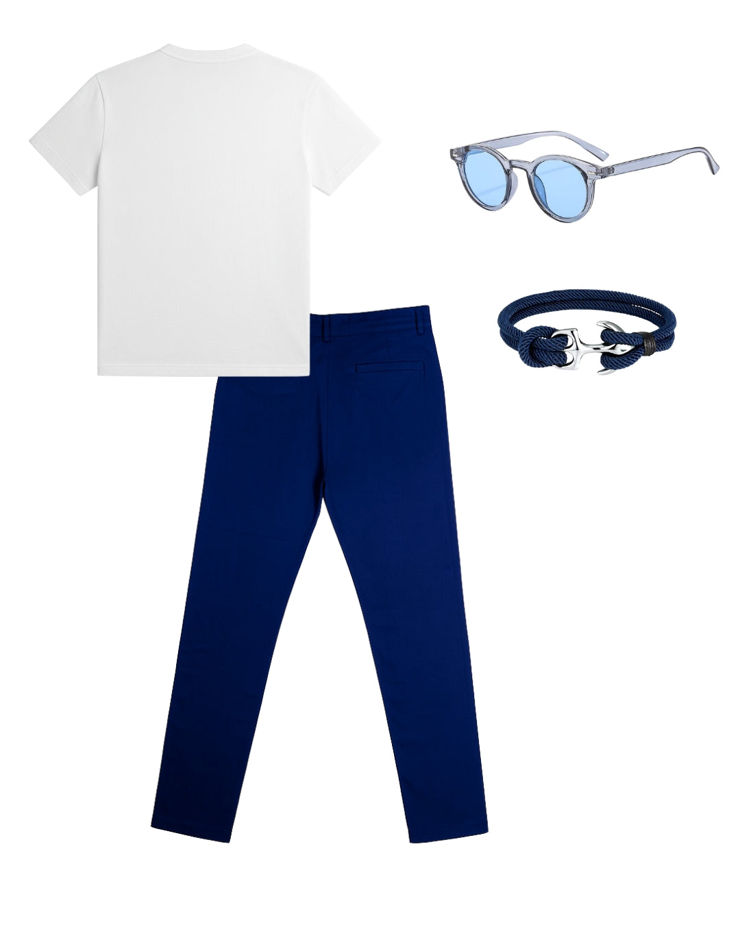 Camiseta Cuello V & Pantalón Básico & Lentes Clásicos & Pulsera Ancla