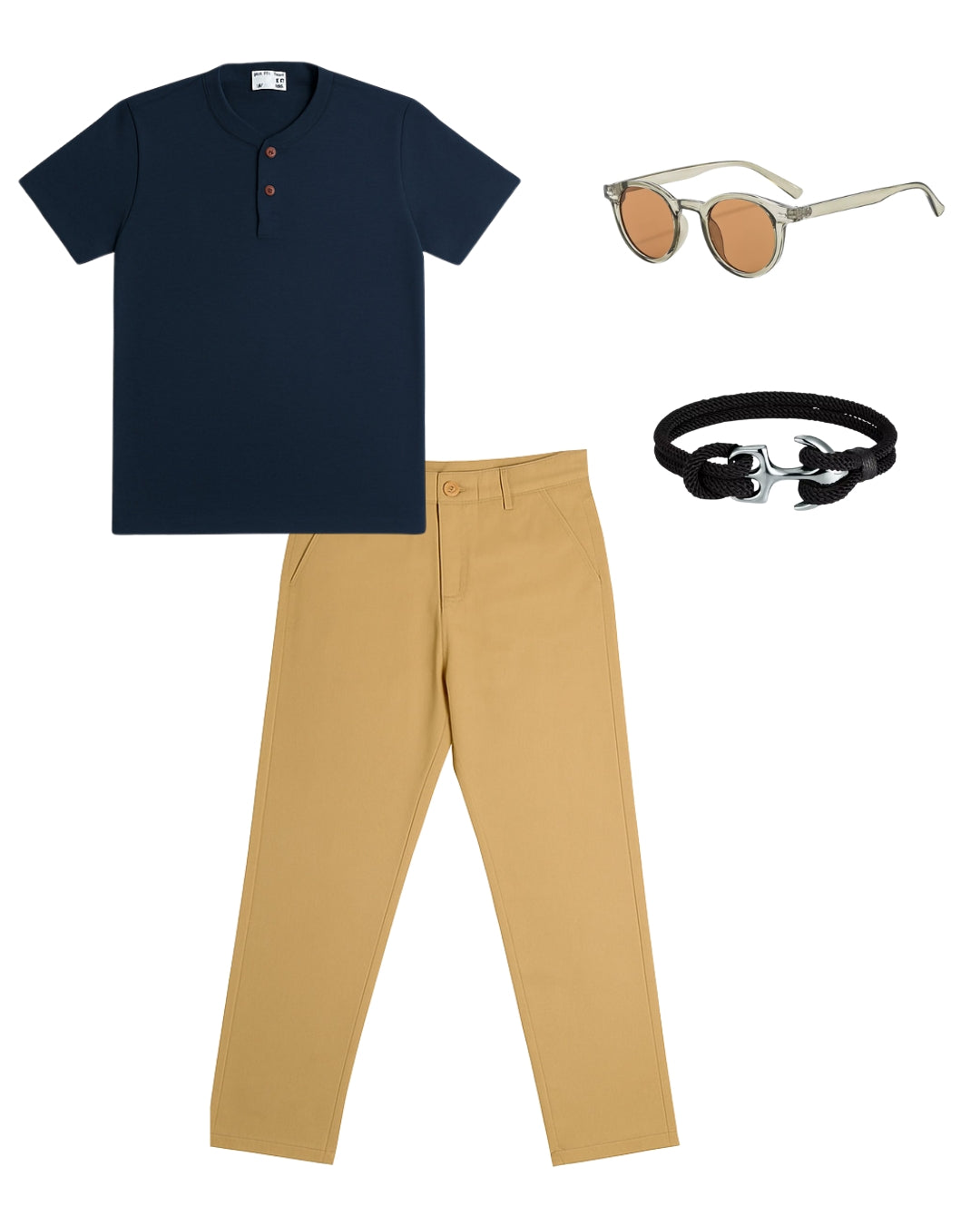 Camiseta Cuello V & Pantalón Básico & Lentes Clásicos & Pulsera Ancla