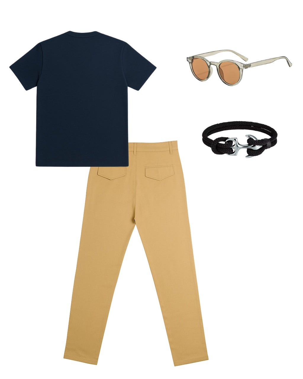 Camiseta Cuello V & Pantalón Básico & Lentes Clásicos & Pulsera Ancla