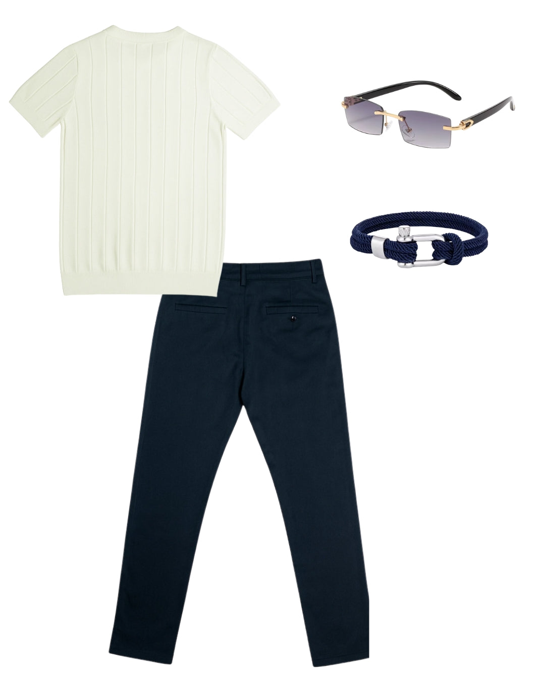 Camiseta Rayas & Pantalón Básico & Lentes Premium & Pulsera Náutica