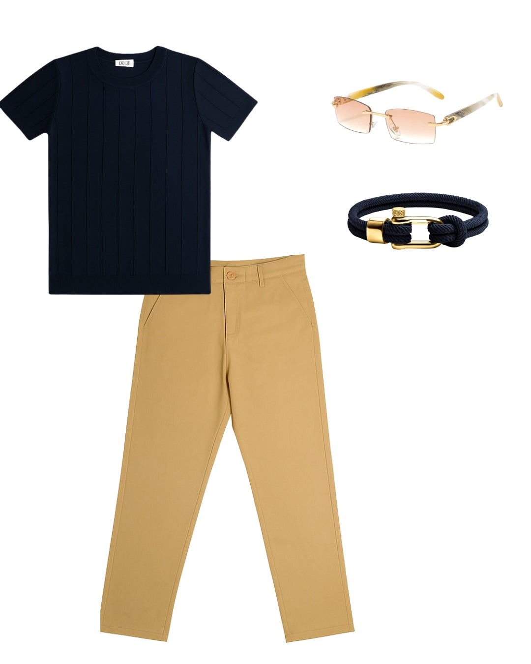 Camiseta Rayas & Pantalón Básico & Lentes Premium & Pulsera Náutica