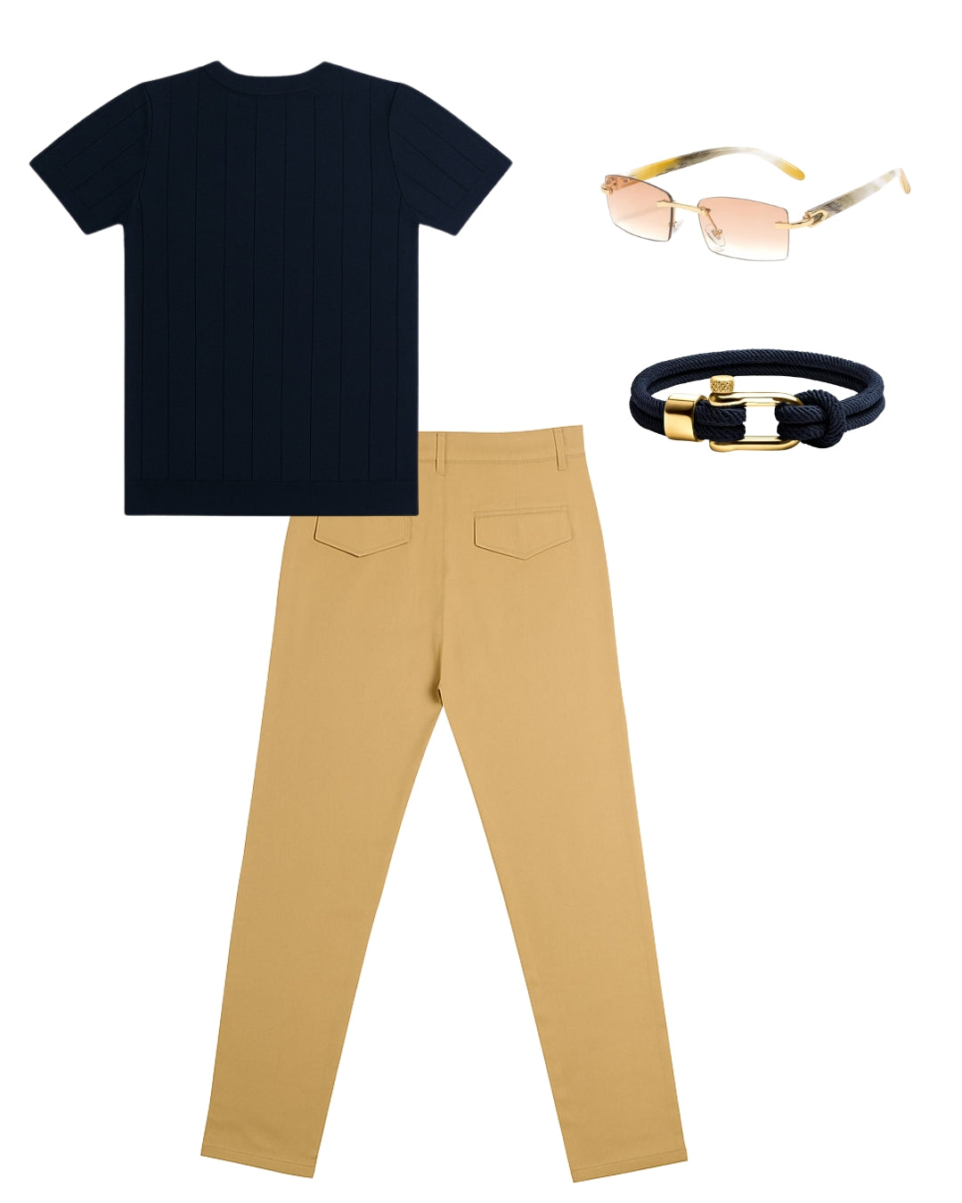 Camiseta Rayas & Pantalón Básico & Lentes Premium & Pulsera Náutica