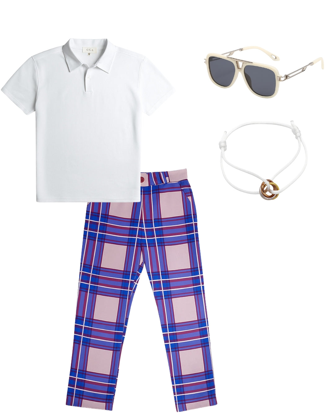 Polo Liso & Pantalón Cuadros & Lentes Urbano & Pulsera Trifecta
