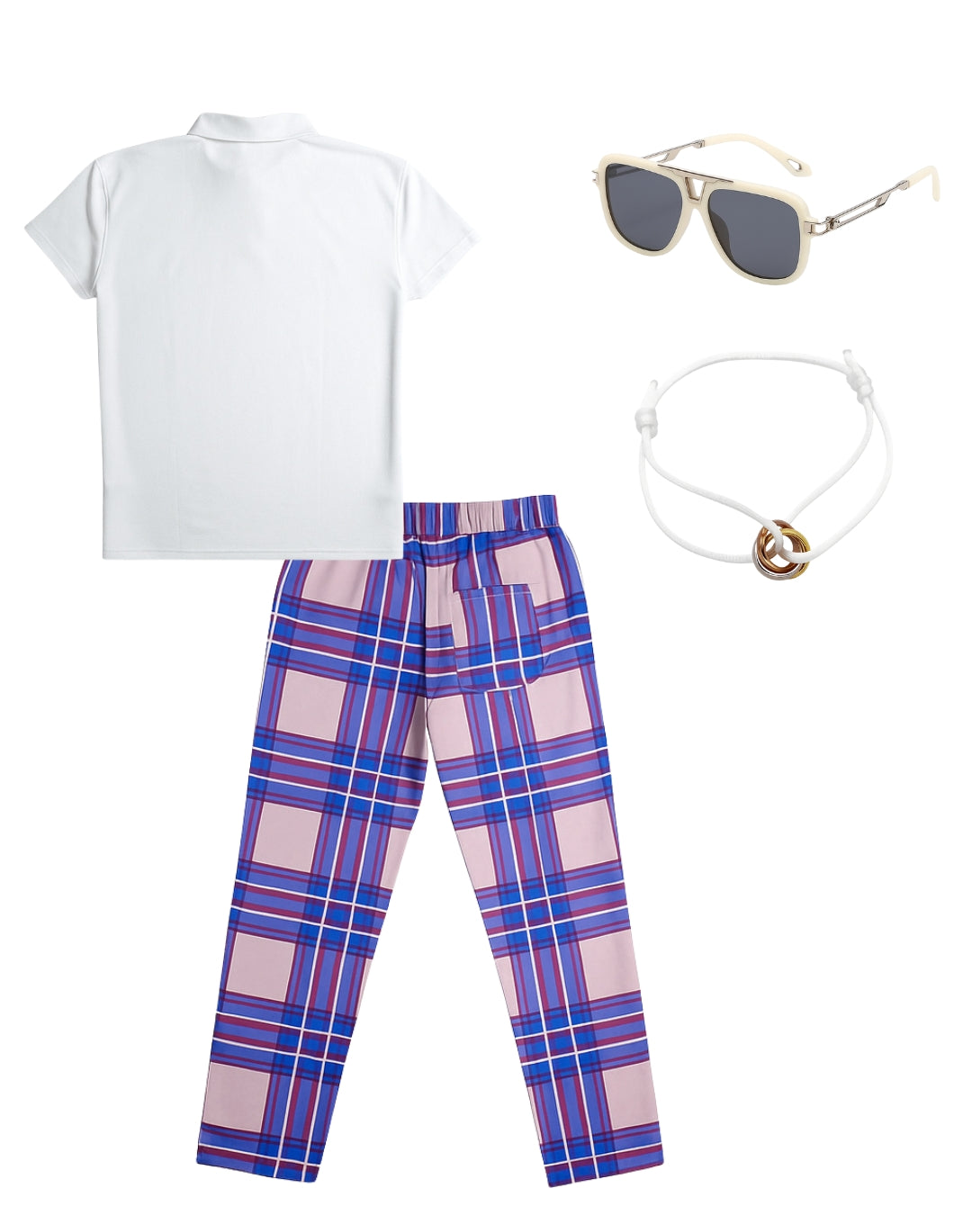 Polo Liso & Pantalón Cuadros & Lentes Urbano & Pulsera Trifecta