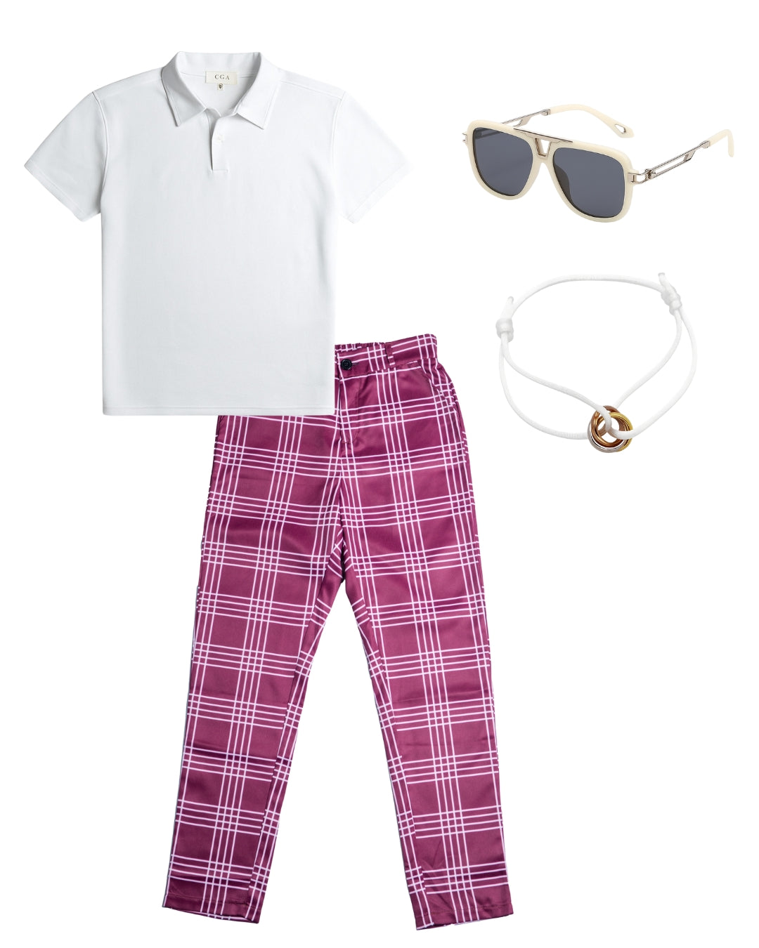 Polo Liso & Pantalón Cuadros & Lentes Urbano & Pulsera Trifecta