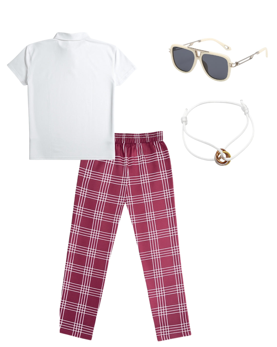 Polo Liso & Pantalón Cuadros & Lentes Urbano & Pulsera Trifecta