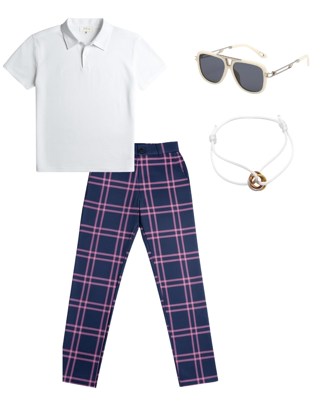 Polo Liso & Pantalón Cuadros & Lentes Urbano & Pulsera Trifecta
