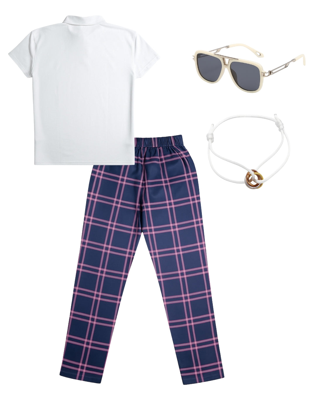 Polo Liso & Pantalón Cuadros & Lentes Urbano & Pulsera Trifecta